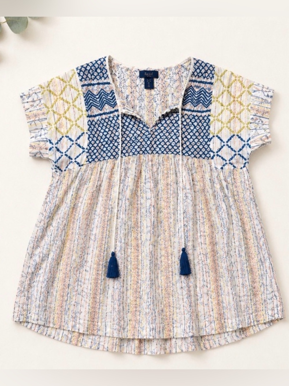Rachel Roy Boho Patchwork Blouse | Peasant Top | Mixed Print Flowy Tunic